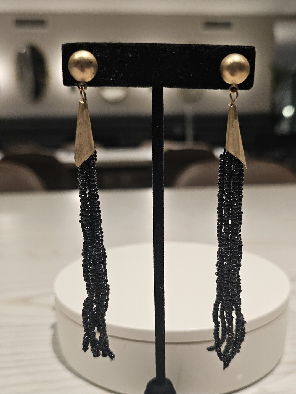Vintage Black Seed Bead Extra Long Tassel Statement Earrings